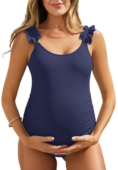 Summer Mae Ribbed Maternity One Piece Swimsuit Ruffle Wood Ears Bathing Suit Scoop Neck Pregnancy