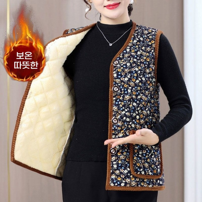 꽃무늬 누빔 김장 조끼 촌캉스 꽃무늬 할머니 할매 엄마 할머니조끼 보온 겨울 방한 촌캉스 베스트