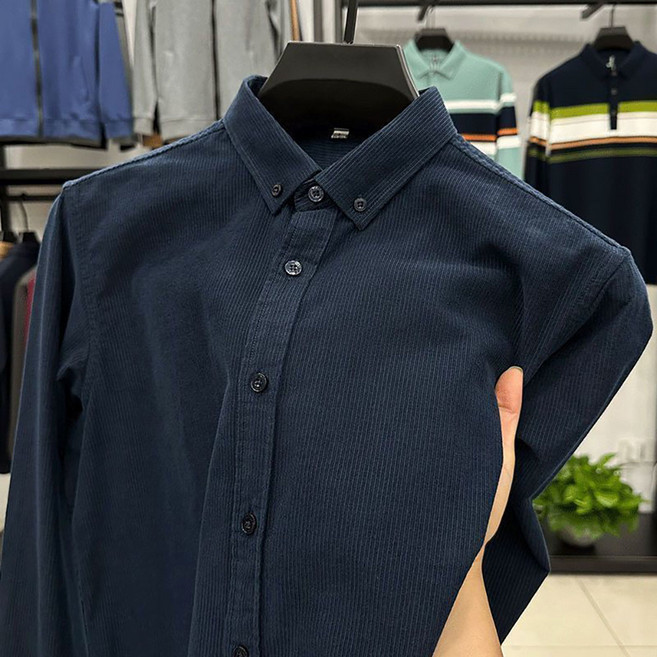ROYALBELLE 남성 카라넥 긴팔 단추 코듀로이 심플 순색 캐주얼 패션 셔츠 S091708