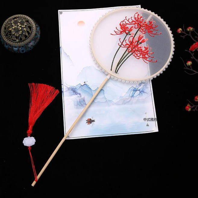 古風宮扇古典刺繡扇子中國風長短柄圓異形團扇繡花扇漢服舞蹈扇, 1個, 彼岸花圓扇珍珠包邊
