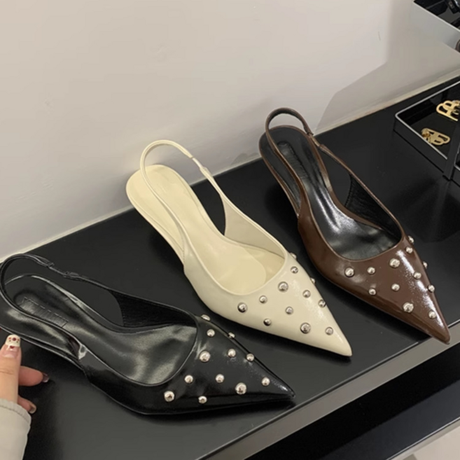 밀슨 여성 스틸레토 슬링백 힐 스터드 뾰족코 키튼힐 여자 구두