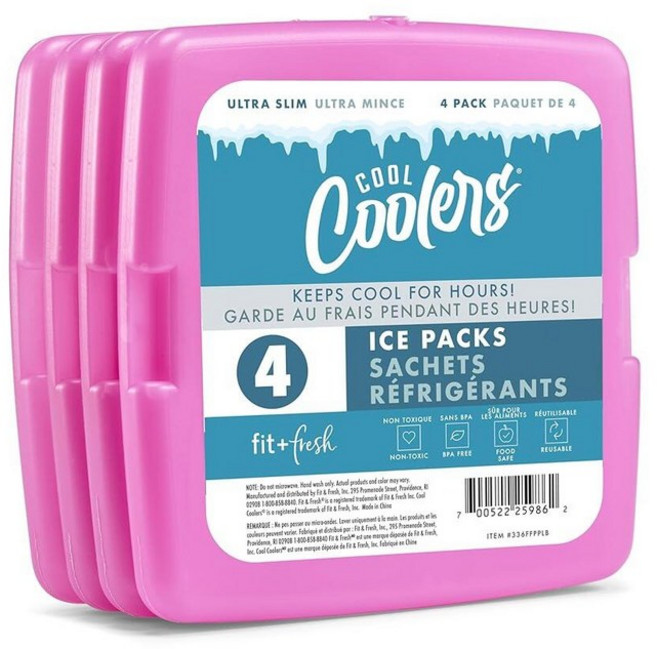 Cool Coolers by Fit Fresh 리유저블 & 롱 라스팅 슬림 아이스 팩 4PK 클리어 블루 262897, Purple (4 Pack)