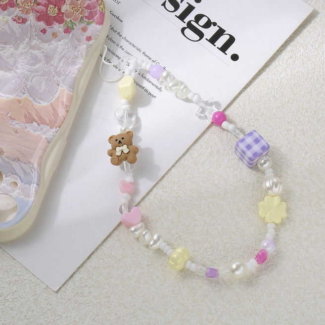 귀여운 동물 캐릭터 비즈 분실방지 예쁜 핸드폰 손목 스트랩, 6.사랑스런 곰돌이 1개, 1개