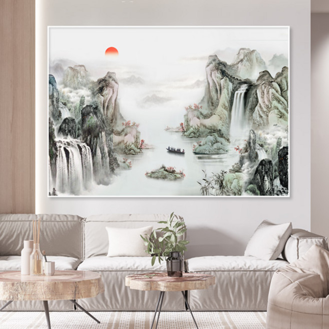 산수화 그림 풍경화 거실 풍수 인테리어액자 배산임수 풍수지리 그림 캔버스 부모님 개업선물, 대박기원 산수화, 5번 대형A1(59.4x84.1cm), 화이트