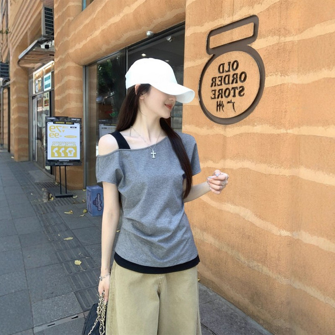 SAHINER 여성 반팔 티셔츠 오프숄더 슬림핏 캐주얼 봄 여름 ATX81