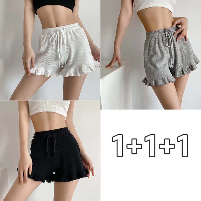 1+1+1 3장입 세트 여름 여성 핫팬츠 스트링 편안한 반바지 홈웨어 캐주얼 츄리닝 요가 러닝 숏츠 슬림핏 와플 프릴 셔링 반바지