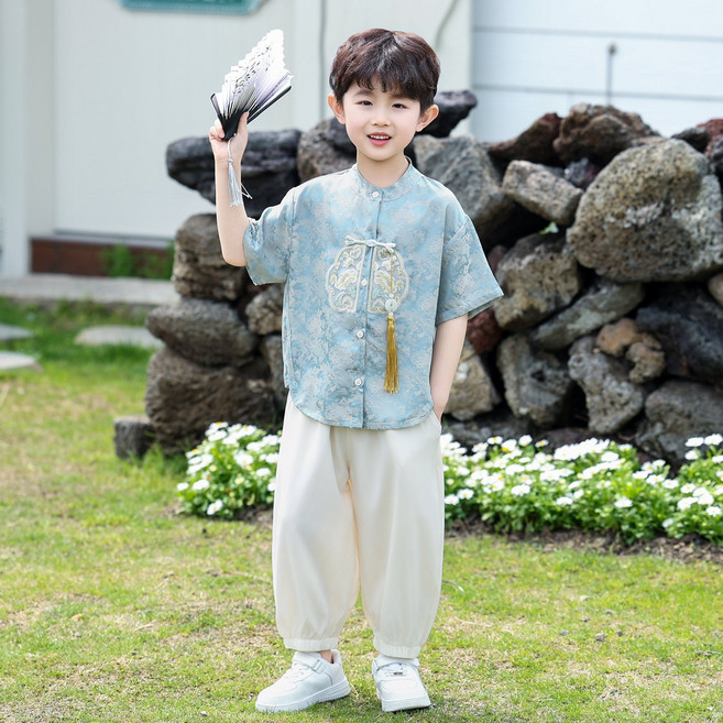 漢服男童短袖套裝夏季兒童新中式唐裝小少爺國風禮服寶寶演出