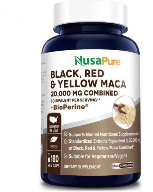 NusaPure 컬러 마카 누사퓨어 루트 블랙 레드 옐로우 20 000mg 비건 캡슐 180개비건 비GMO 글루텐 프리 바이오페린 Q1713380 - 쿠팡