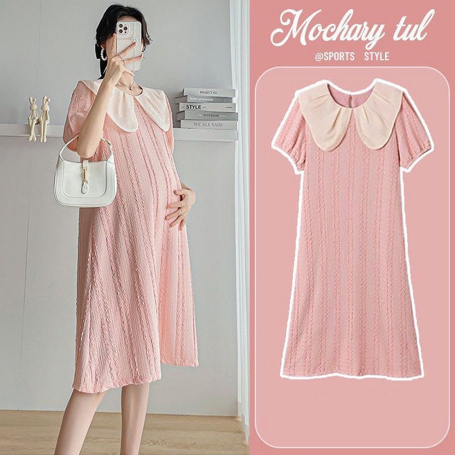임산부 미디 원피스 짧은 소매 카라 귀여운 스타일 편안한 면 소재 JS