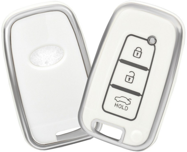 OFFCURVE TPU 기아 현대 호환 자동차 엣지라인 3버튼 레이 모닝 i30 풀커버 스마트키 적용 키케이스 키홀터, 화이트 실버