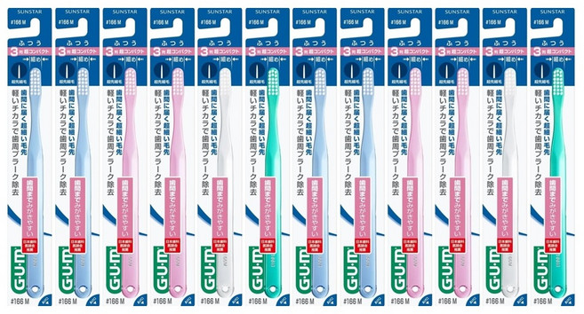Sunstar GUM 3 Row Super Compact Toothbrush #166M 일본 선스타 검 3열 슈퍼컴팩트 초소형 헤드 탄력 초미세 일반모 칫솔 12개, 1세트, 12개입