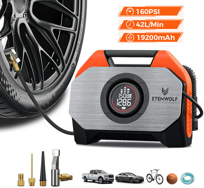휴대용 공기 압축기 ETENWOLF S6 타이어 공기압 주입기 19200mAh 대용량 배터리 100% 듀티 사이클 중장비 차량 SUV 오토바이 자전거용 무선 에어 펌프, 오렌지색, 1개