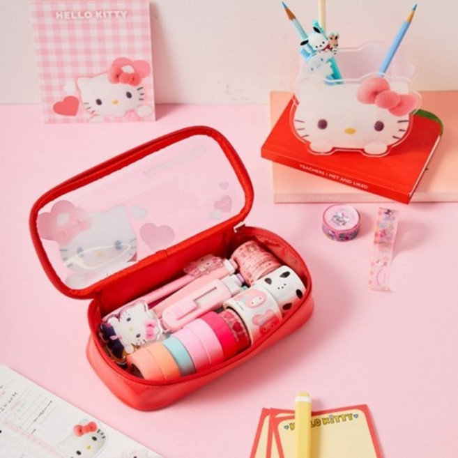 [텐바이텐] 산리오 폼폼 투명 필통 파우치(헬로키티), 1개, 헬로키티(레드)