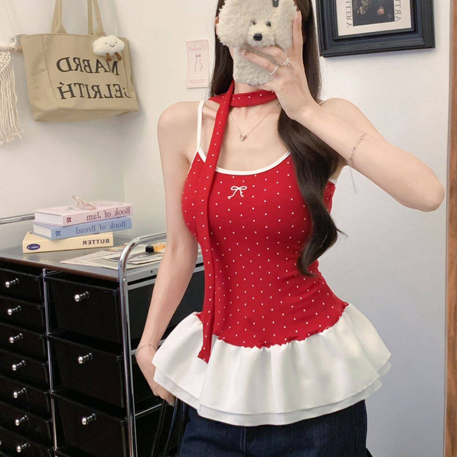 Asure 여성나시티 레이어드 탱크탑 도트 끈나시