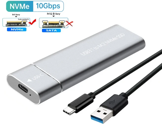 듀얼 프로토콜 M2 SSD 케이스 NVMe SATA 외장 어댑터 10Gbps USB 3.1 타입 C 인클로저 M B&M 키 지원, 01 China Mainland, 05 NVMe Silver 10Gbps