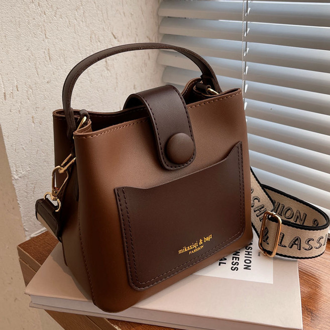 mikaxiqi & bags 復古水桶包 寬帶斜挎包 單肩包, 咖啡色 約0.4kg