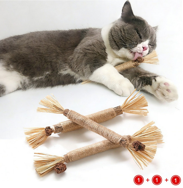 LXU 고양이 마따따비 스틱 라피아 잎 개다래 나무 치석제거 덴탈 츄 장난감 3개세트, 3개, 옐로우