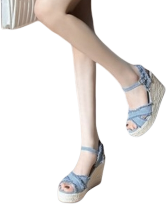 프렌치 데님 스카이블루 웨지힐샌들 통굽 10cm