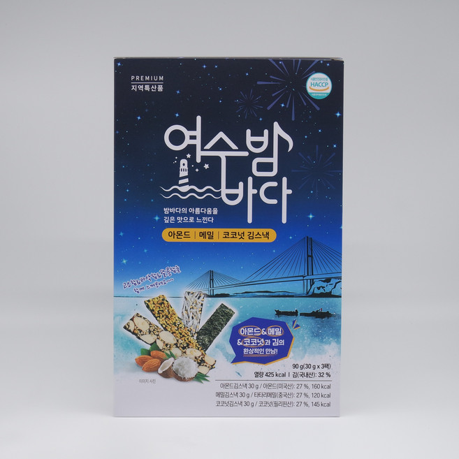 본사직송 여수특산품 여수밤바다김스낵 선물용 3팩 / 아몬드 메밀 코코넛 현미 동백, 1.아몬드/메밀/코코넛김스낵(30gx각1팩), 3개