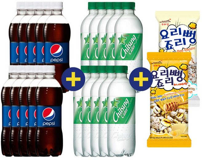 롯데 펩시콜라 500ml 10페트+칠성사이다 500ml 10페트+요리죠리뻥 2개(허니버터맛1 클래식1), 20개