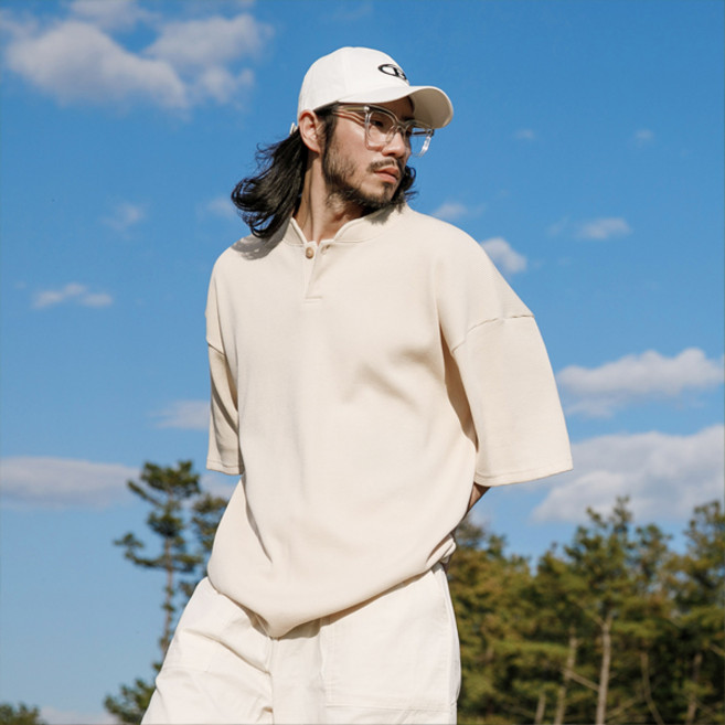 러기드하우스 모던 헨리넥 와플 반팔티 크림