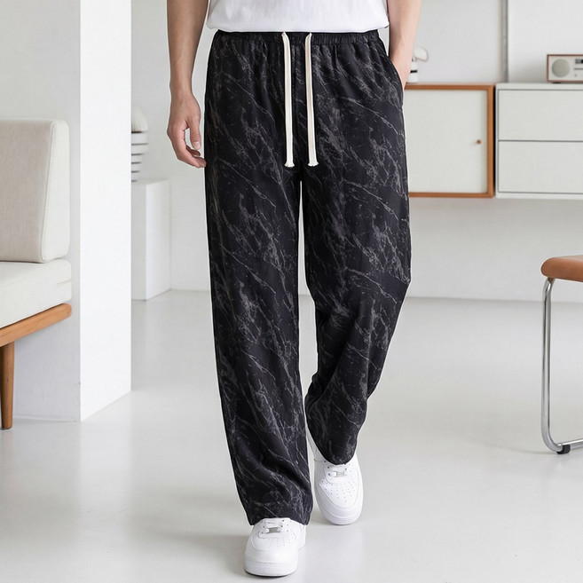 루크 봄여름 와이드 밴딩 타이다이 패턴 트레이닝 팬츠 남성 힙한 스트릿 패션 나염 바지 편안한 허리 조절 스트랩 하의