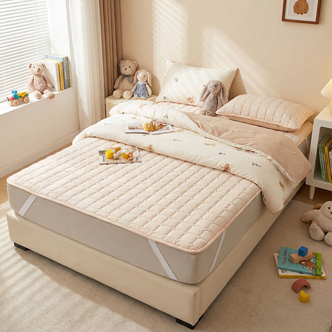 포니홈 사계절 방수패드 침대패드 누빔 매트리스 고정밴드, 퀼팅 베이지