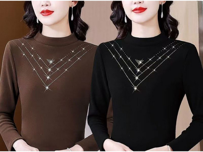 1+1 중년 여성 목폴라 티셔츠 캐주얼 가을 겨울 기모 풀오버 상의 패션 엄마복 여성 도톰 반폴라 긴팔티 기질 중장년 여자 이너 티셔츠 WXY