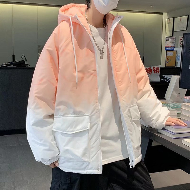 QW 코튼 의류 남성용 겨울 트렌디 브랜드 두꺼운 느슨한 그라디언트 후드 자켓 트렌디 캐주얼 플러스 사이즈 커플 코튼 코트