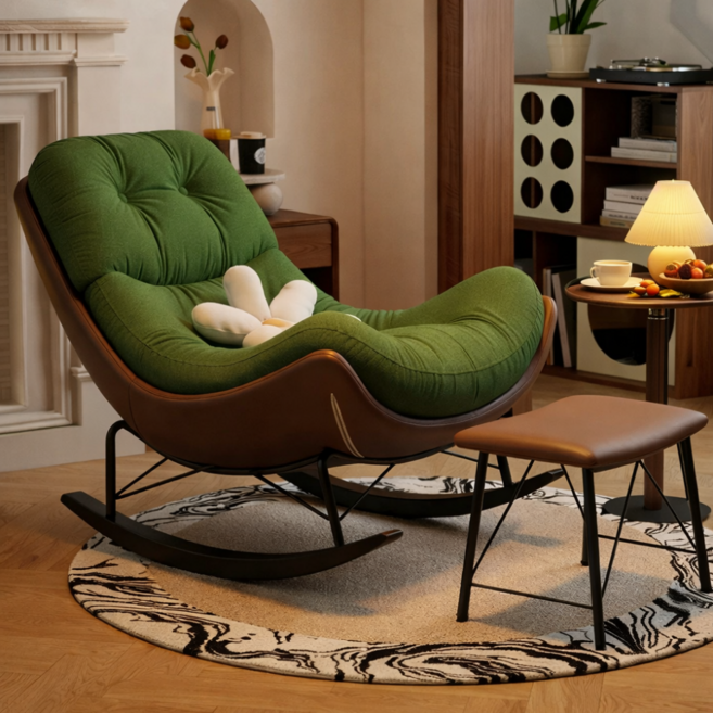 리베누아 Libenoir 프리미엄 1인용 럭셔리 흔들의자 리클라이너 스윙체어 안락의자 독서의자 쇼파, 1개, 11. 그린 + 브라운 (발받침대 포함)