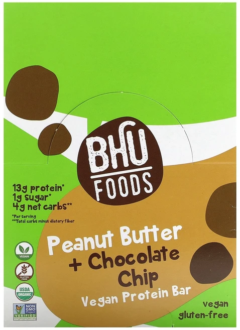 BHU Foods 비건 프로틴바 피넛버터 + 초콜릿 칩 바 12개입 개당 45g(1.6oz) Foods (BHU 푸드), BHU Foods, 비건 프로틴바, 피넛버터 + 초콜릿, 45g, 1 - 쿠팡