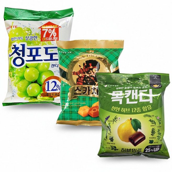 스카치캔디 1봉 + 목캔디 1봉 + 청포도 1봉 (혼합3봉), 3개, 317g