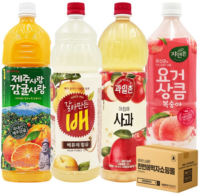 [한번에먹자] 대용량 과즙음료 4종 혼합 / 제주사랑감귤사랑 + 갈아만든배 + 아침에사과 + 요거상큼복숭아, 4개, 1.5L
