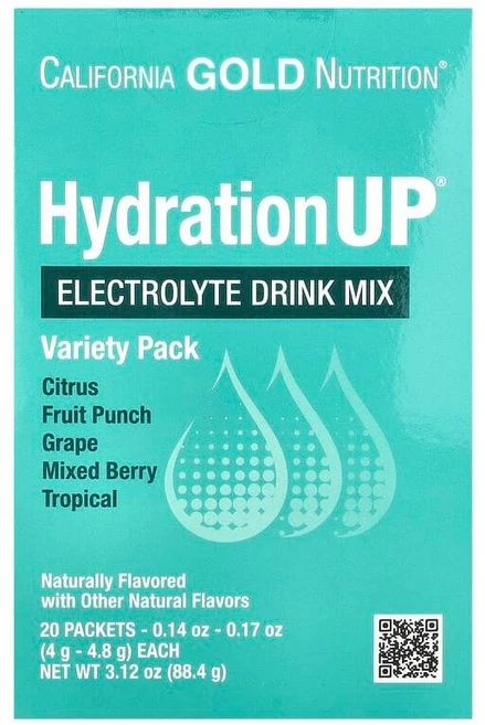 California Gold Nutrition HydrationUP® 전해질 드링크 믹스 칼슘락테이트 비타민C 및 E 함유 20팩 각 4g~4.8g CGN-01402, 4g, 1 - 쿠팡