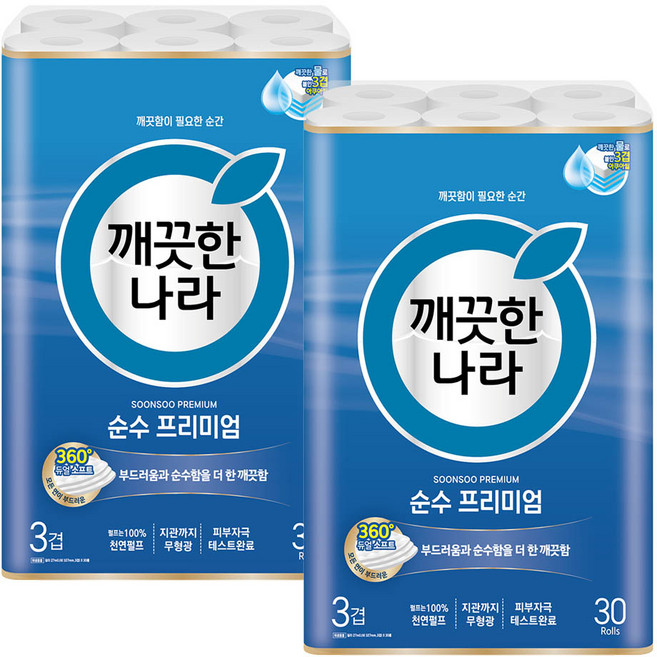 깨끗한나라 3겹 순수 프리미엄 화장지, 30개입, 2개