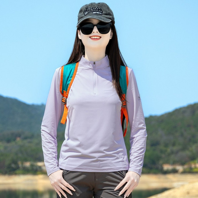 女款登山長袖冰絲涼感上衣 戶外休閒 速乾透氣排汗 立領運動防曬T恤