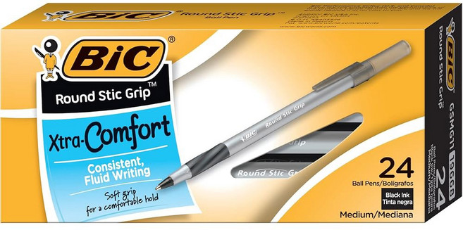BIC 원형 스틱 그립 엑스트라 컴포트 볼펜 중간 지점 2mm 블랙 24 카운트 소프트 유체 필기