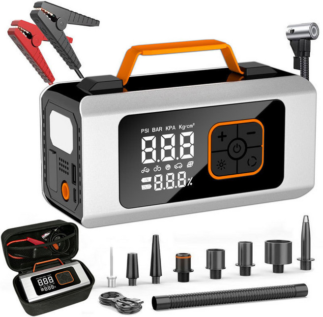 LUMANOKI 차량용 점프스타터 에어컴프레서 휴대용 타이어 공기주입기 12V 배터리 충전기 디지털 표시 다기능 세트, 6000mAh, 1개