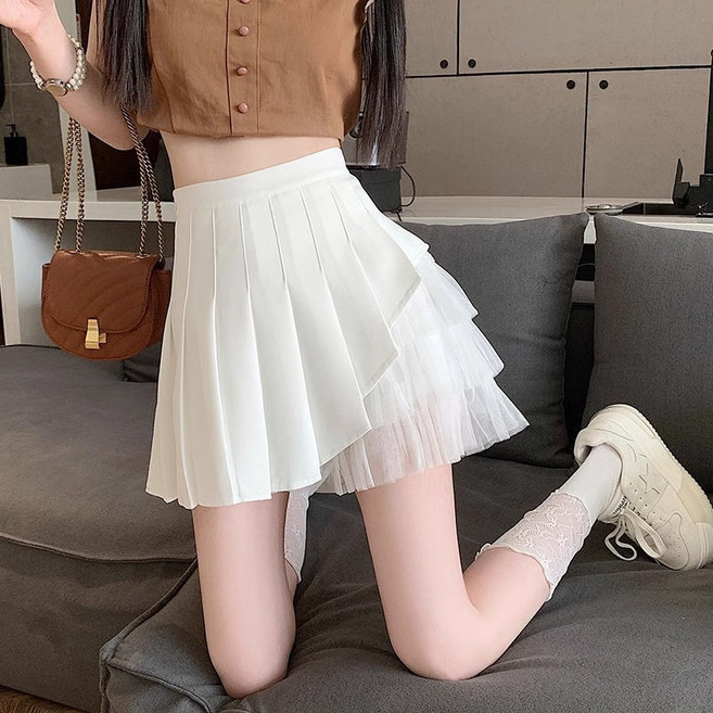 DIU 短裙女新款春秋高腰小個子氣質a字百褶白色半身裙設計感小衆
