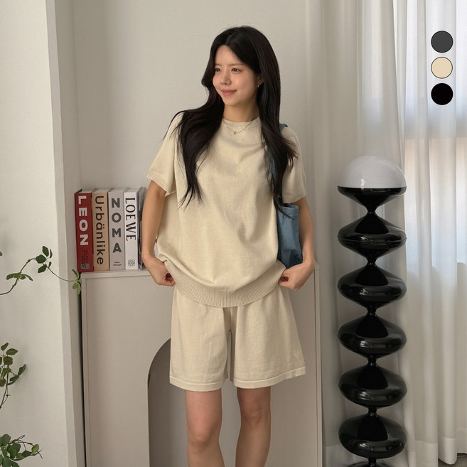 디테일웨어 여성 벨 니트 반팔 반바지 세트 캐주얼 투피스 시원한 여름원단 4부 밴딩팬츠 임부복 빅사이즈 데일리룩