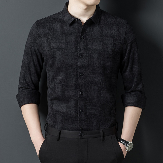 春秋季新款印花寬鬆男士襯衫中青年商務休閒6羊毛襯衣2026長袖男