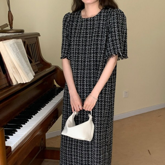 트위드 체크 라운드 퍼프 숄더 롱원피스 A37765