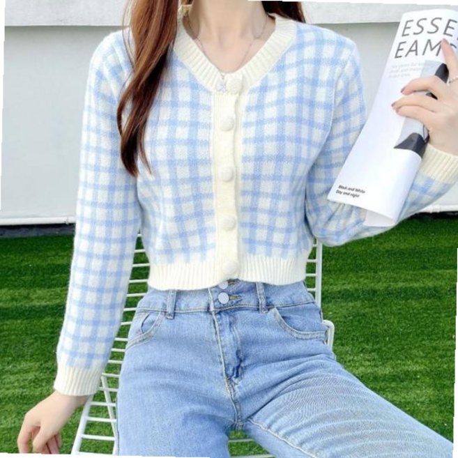 니트가디건 여성 간절기 데일리 체크 크롭 가디건 짧은 카디건
