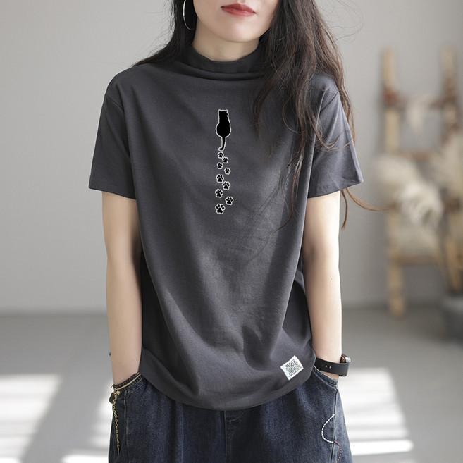 미중 여성 여름 뉴 반팔 반폴라 면 박시 프린트 무지 포인트라벨 날씬rll