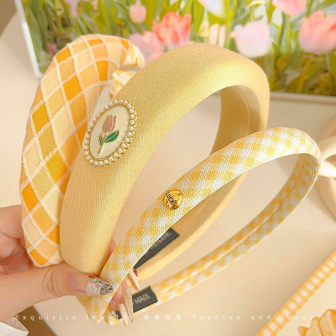 格格姐姐 黃色甜美寬邊髮箍, 1個, 大格+郁金香+小格