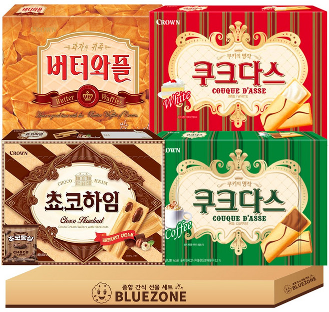 크라운 대용량 과자 세트 쿠크다스화이트285g 쿠크다스커피285g 초코하임284g 버터와플316g 몽실22g, 1개