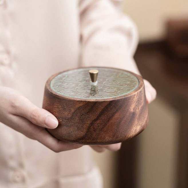 木質雕花玻璃蓋收納盒 桌面收納 居家裝飾 糖果盒 首飾盒, 胡桃木, 1個