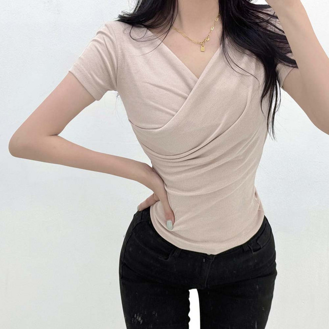 여친룩 하객룩 여리핏 셔링 랩 반팔티셔츠