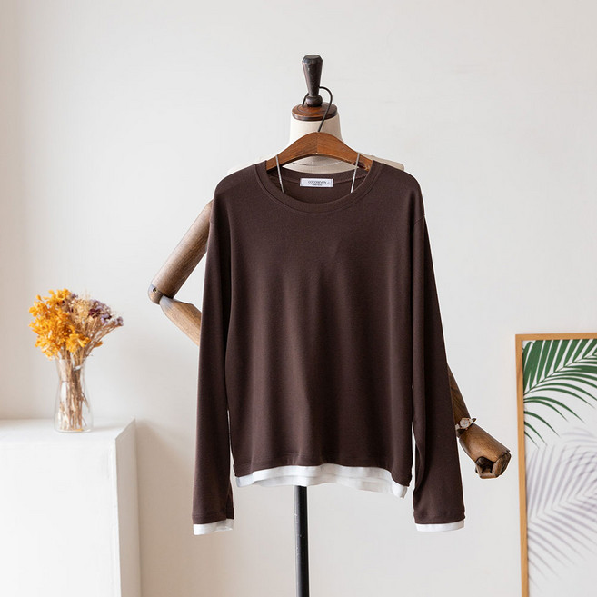 코코세븐 여성 빅사이즈 레이어드 배색 라운드 긴팔 티셔츠