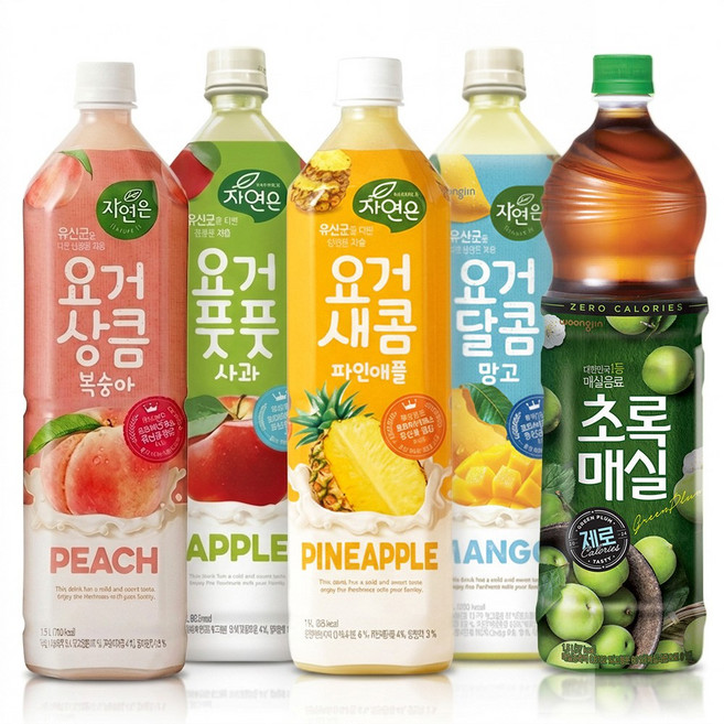 웅진 자연은 요거 4종 혼합+초록매실 포함 1.5L 5종 세트 (복숭아 사과 파인애플 망고 매실) 음료, 5개